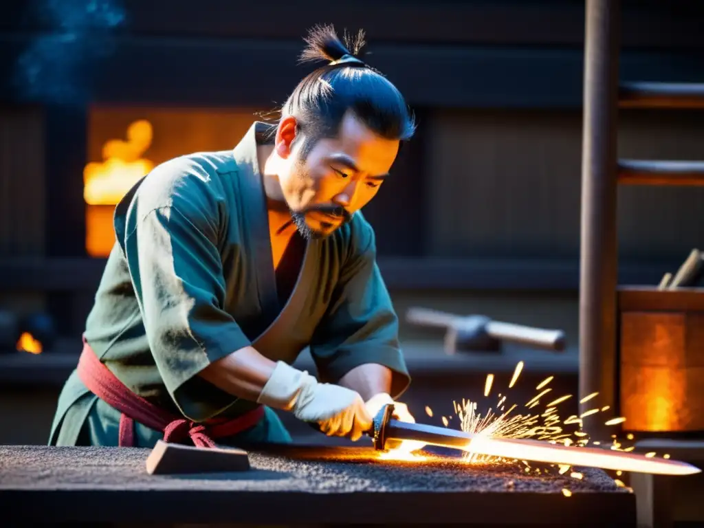 Un maestro herrero en atuendo japonés tradicional forja con cuidado y precisión una katana legendaria, iluminado por la luz de la fragua