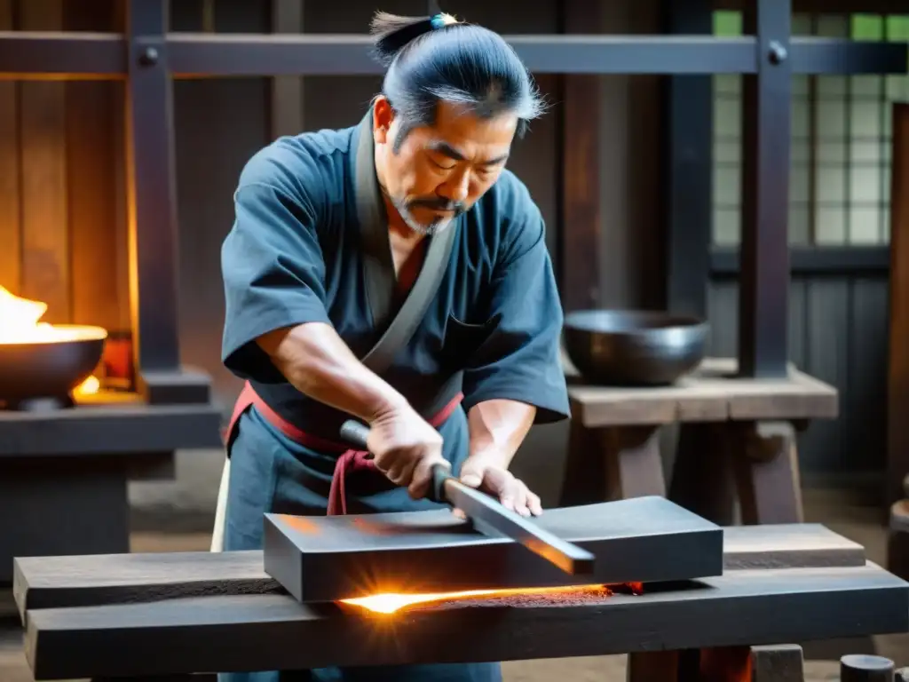 Un maestro herrero en atuendo tradicional japonés forja con cuidado un lingote de acero incandescente en un taller japonés