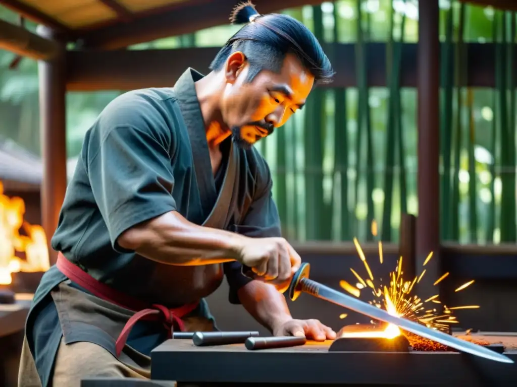 Un maestro herrero forja con cuidado y precisión el acero incandescente, rodeado de herramientas tradicionales japonesas y un sereno jardín de bambú