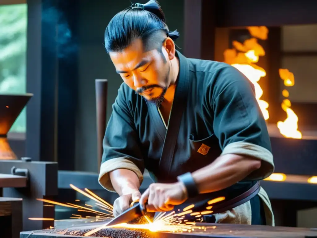 Un maestro herrero forja con cuidado el acero fundido para crear un Wakizashi auténtico