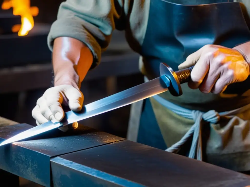 Un maestro herrero puliendo con cuidado una espada samurái recién forjada, mostrando las intrincadas técnicas de forja de espadas samurái