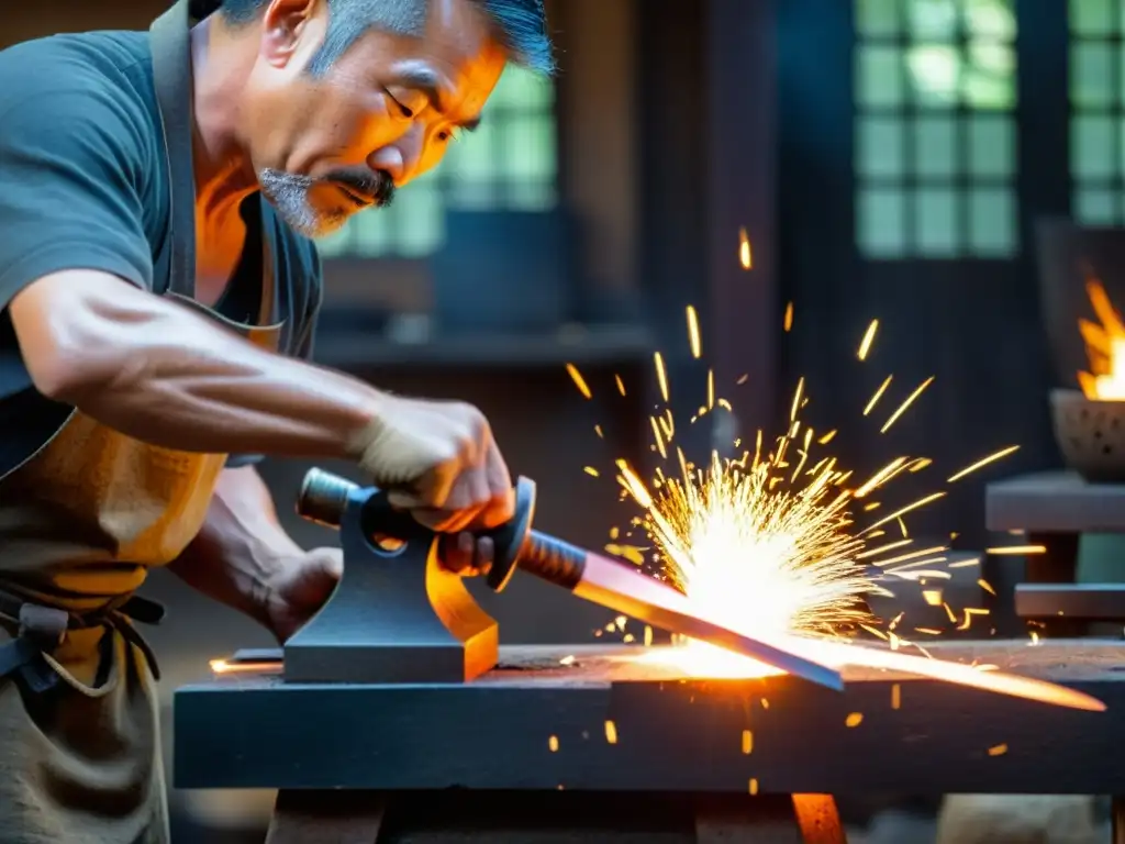 Maestro forjando una katana japonesa con pasión Un maestro herrero forja con cuidado una katana tradicional japonesa, rodeado de herramientas y materiales antiguos