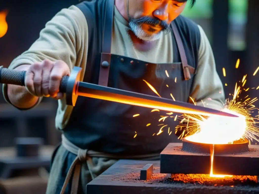 Un maestro herrero forja con destreza una espada samurái, capturando la filosofía samurái en la forja