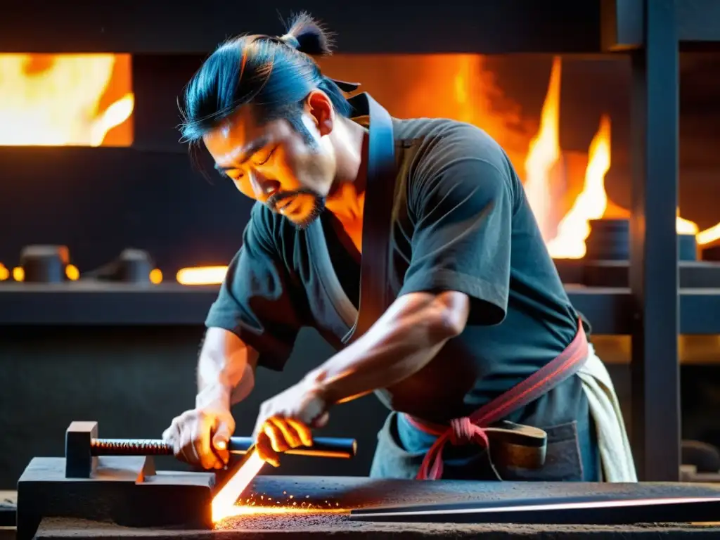 Un maestro herrero forja cuidadosamente una hoja de katana, metalurgia en la fabricación de katanas