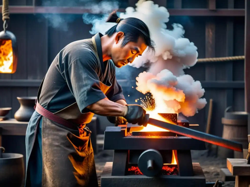 Un maestro herrero japonés forja con esmero una armadura samurái tradicional entre nubes de vapor y el resplandor del fuego