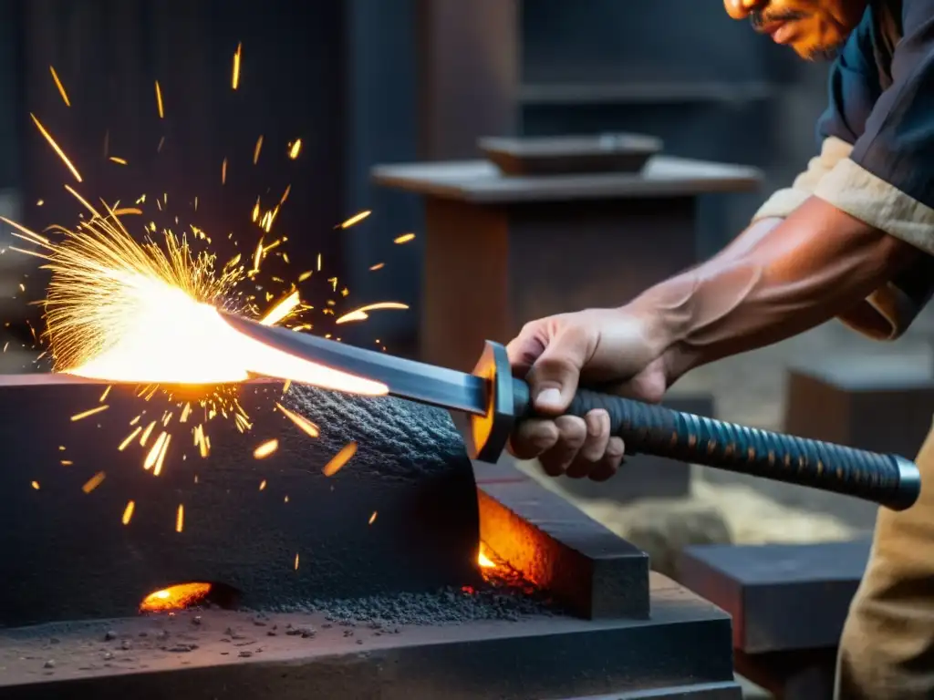 Un maestro herrero japonés forja una espada wakizashi con destreza, iluminado por chispas y la intensa luz del horno