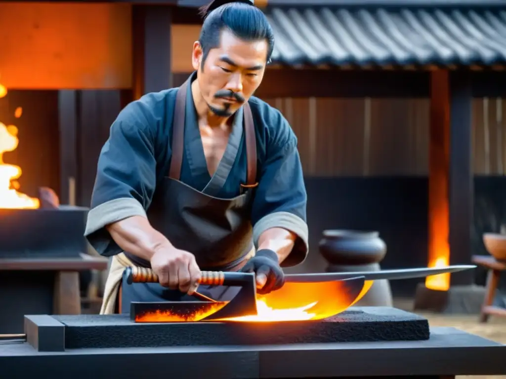 Un maestro herrero japonés forja una espada samurái en su taller con una intensa luz naranja