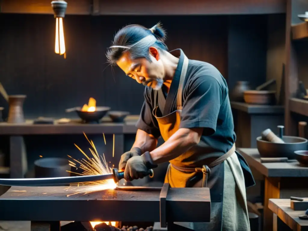 Un maestro herrero japonés forja con intensa concentración una wakizashi y una katana en su taller rústico y tenue, iluminado por el suave resplandor de la fragua