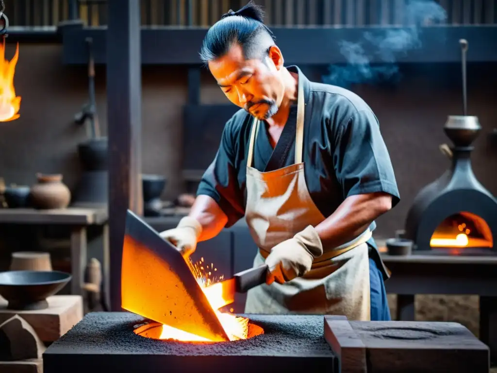 Un maestro herrero japonés forja con misticismo una armadura samurái ante el resplandor del fuego en su tradicional taller