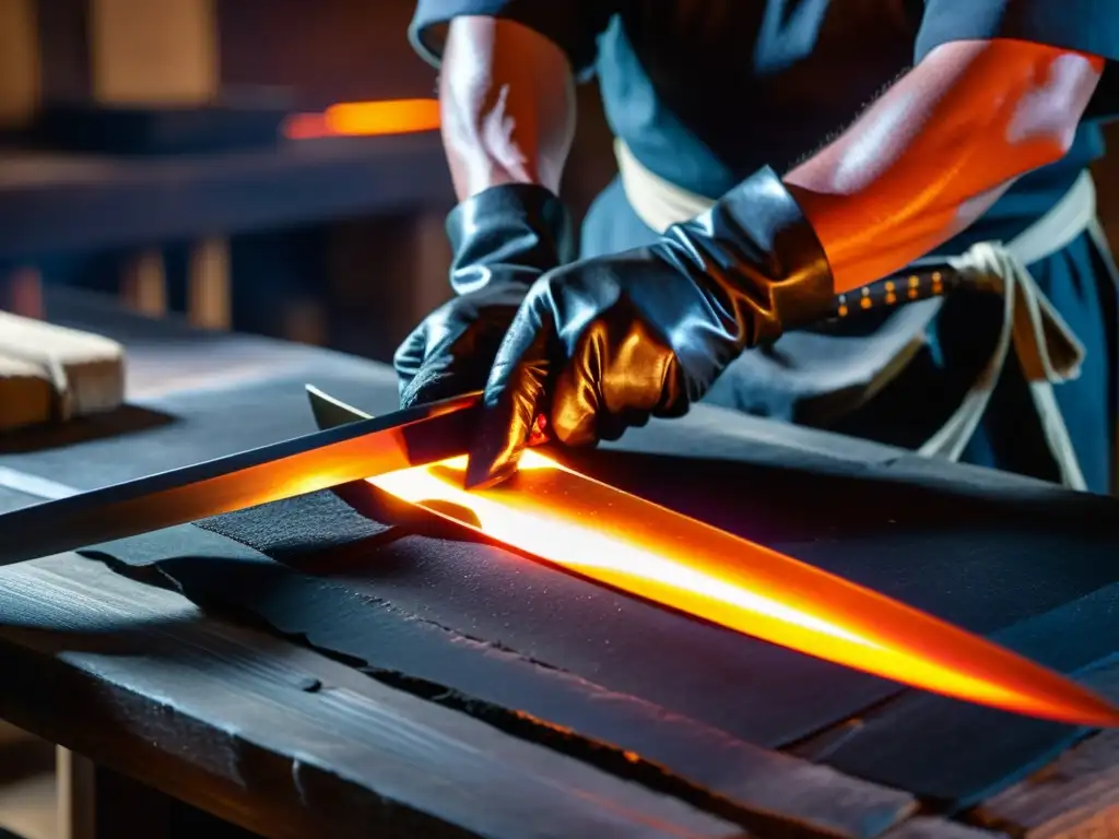 Maestro espadero japonés forjando una katana Un maestro herrero japonés tradicional cuidadosamente forja una katana, creando una mezcla hipnotizante de chispas y reflejos en el metal
