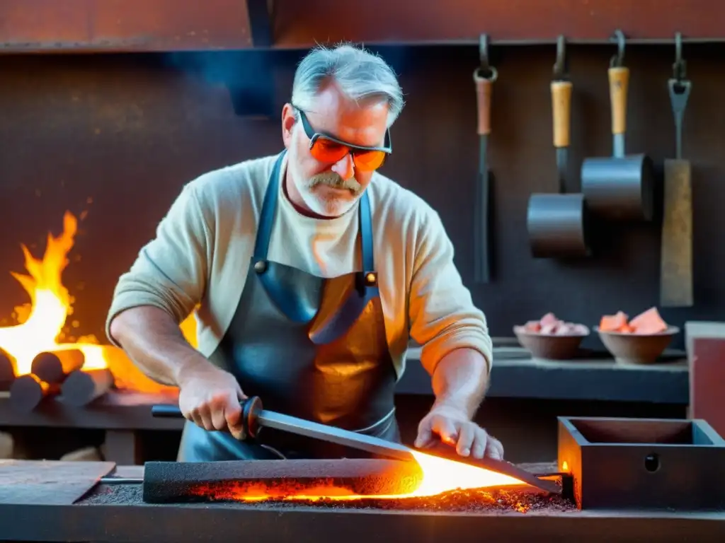 Maestro espadero forja una katana con maestría Un maestro herrero forja una katana con técnicas tradicionales en su taller rústico