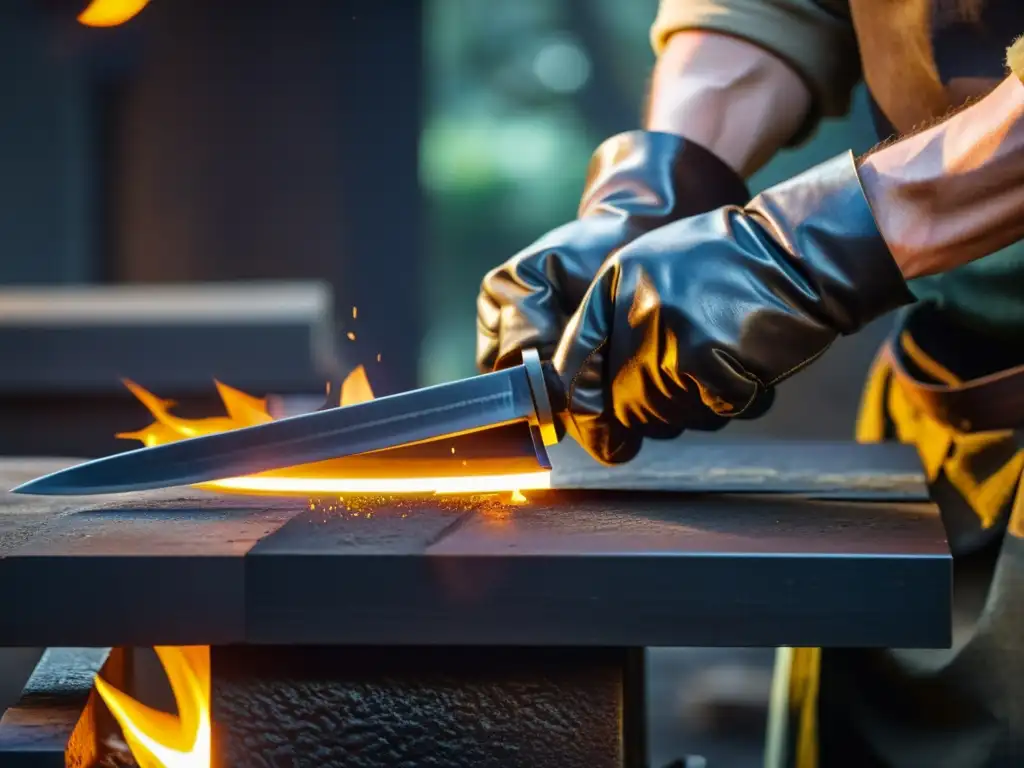 Forja de katana japonesa: maestro herrero crea con pasión Un maestro herrero trabaja meticulosamente forjando una katana, mostrando las técnicas tradicionales de la artesanía del acero