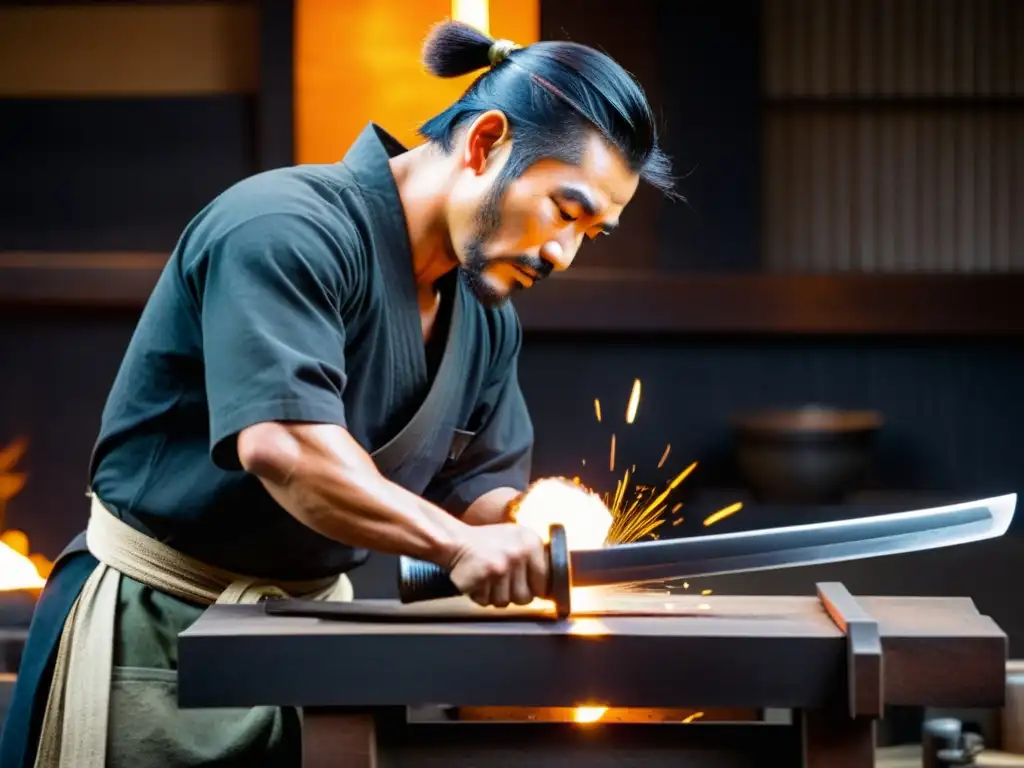 Un maestro herrero forja una katana samurái con técnicas ancestrales, inmerso en el resplandor del fragua y las herramientas de su oficio