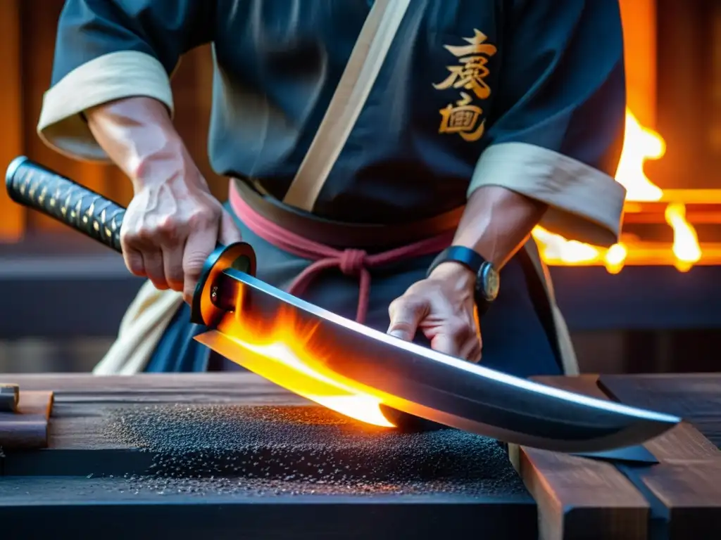 Forja de katana: maestro artesano moldeando acero con destreza Maestro herrero forjando una katana con técnicas tradicionales, entre llamas y metal incandescente, en una escena fascinante y dramática