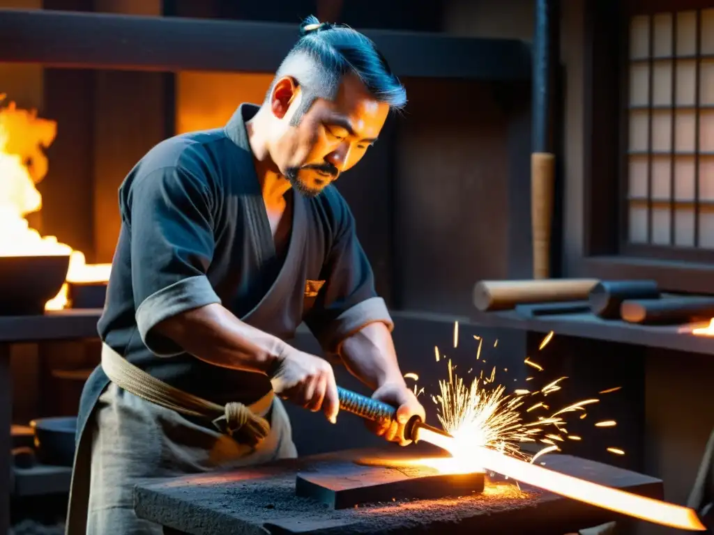 Maestro forjador moldeando una katana japonesa Un maestro herrero de katanas tradicionales japonesas trabaja en su taller, moldeando el metal con maestría entre herramientas y brasas ardientes