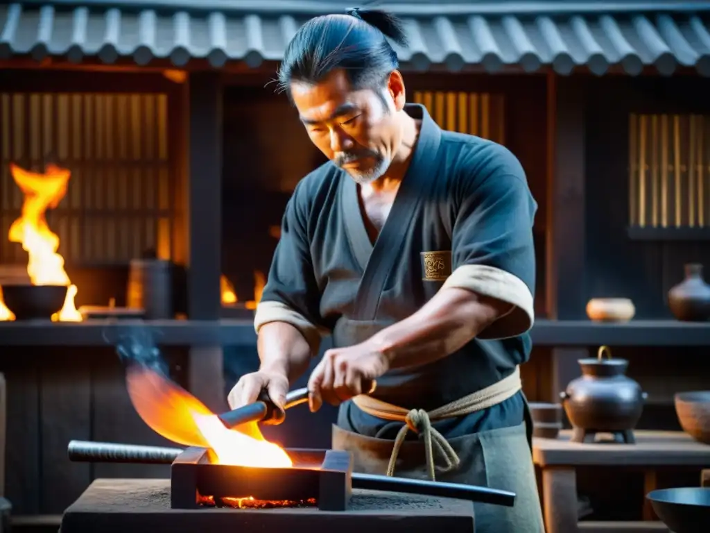 Un maestro herrero forja una legendaria katana en su fragua japonesa, capturando la historia, cultura y precisión de este arte milenario