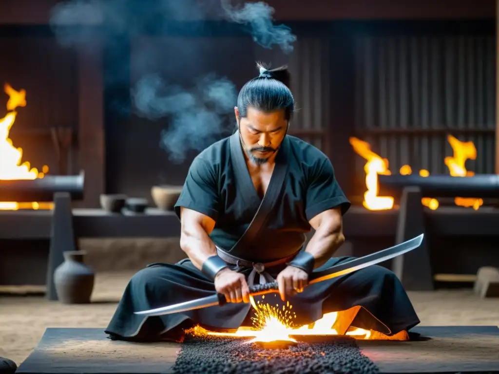 Maestro forjador de katanas: el arte ancestral de la espada japonesa Un maestro herrero forja con pasión la legendaria katana, rodeado de herramientas y textos antiguos sobre técnicas tradicionales de espadería