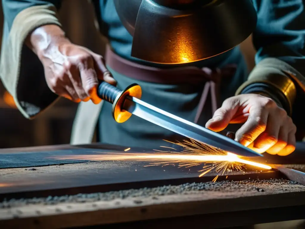 Un maestro herrero forja con meticulosidad una réplica fiel de una katana original, con chispas volando mientras moldea la hoja con destreza