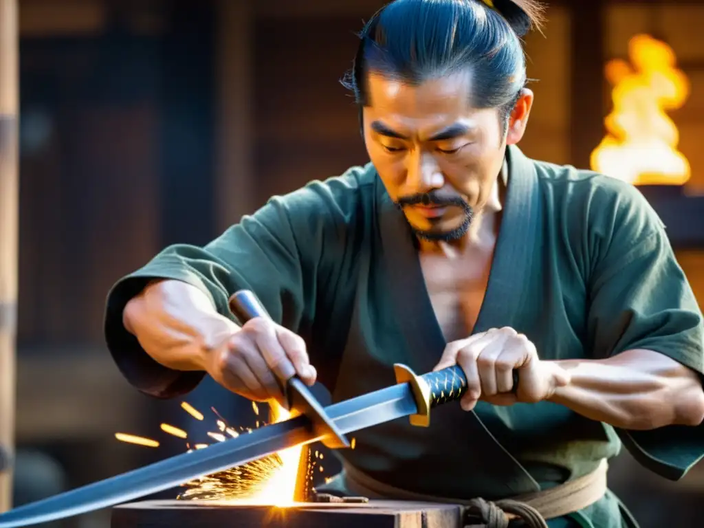 Un maestro herrero forja con precisión una katana japonesa tradicional en su taller, con un ambiente cálido y lleno de historia