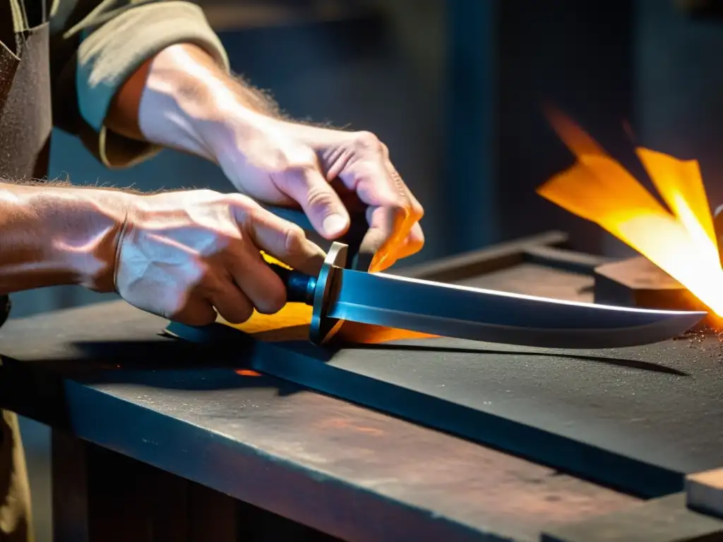 Un maestro herrero utilizando técnicas antiguas para forjar un Wakizashi, en una atmósfera iluminada por el intenso calor del horno de forja