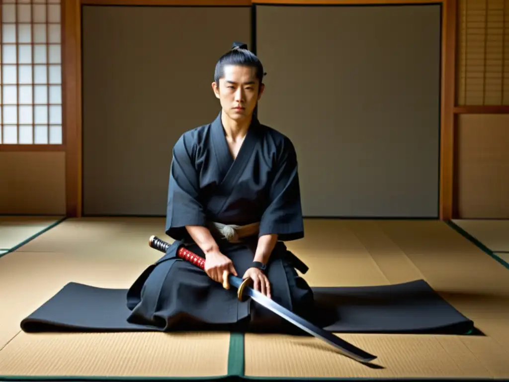 Un maestro del Iaido, ataviado con indumentaria tradicional japonesa, desenfunda con gracia un reluciente katana en un dojo sereno