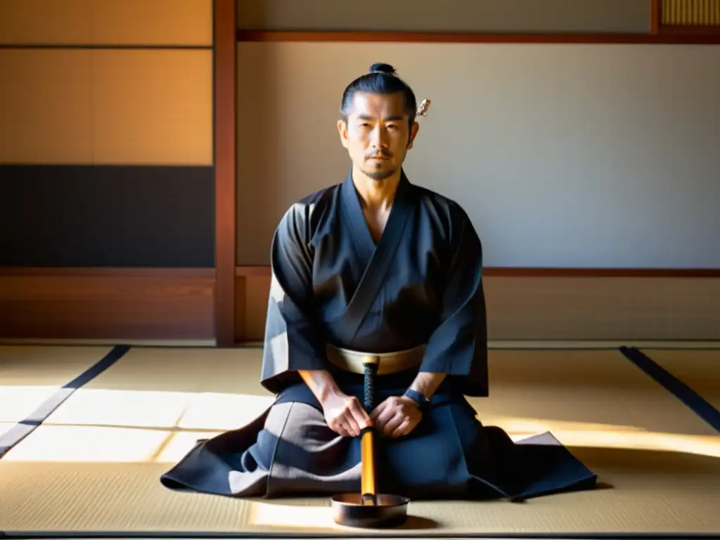 Un maestro de iaido en atuendo samurái tradicional, asumiendo una postura serena, reflejando técnicas esenciales del Iaido samurái