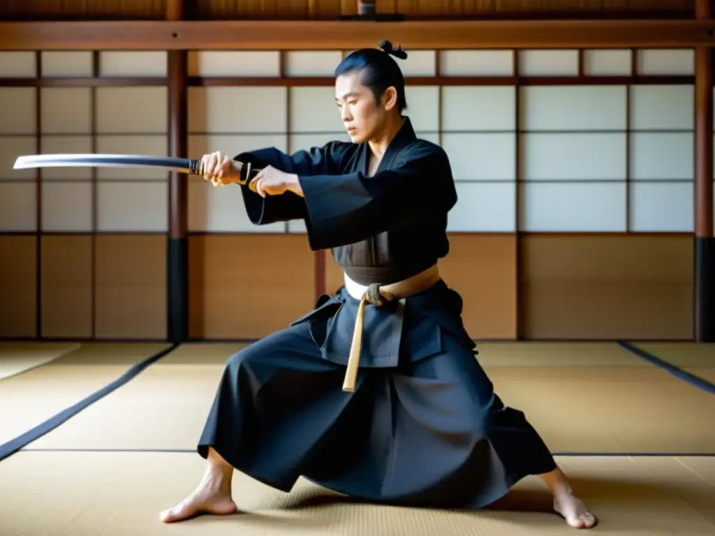 Maestro del Iaido en atuendo samurái realizando técnica precisa en dojo japonés, con concentración intensa y gracia en movimiento de la espada