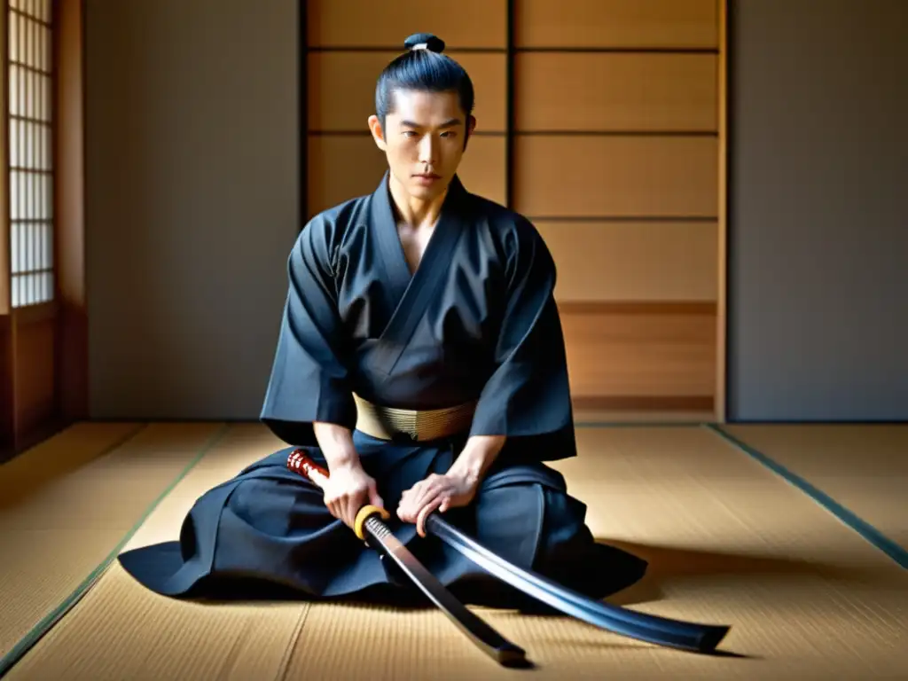 Un maestro de iaido en atuendo tradicional japonés, desenvaina un katana con elegancia en un dojo japonés, en un evento prestigioso de Iaido