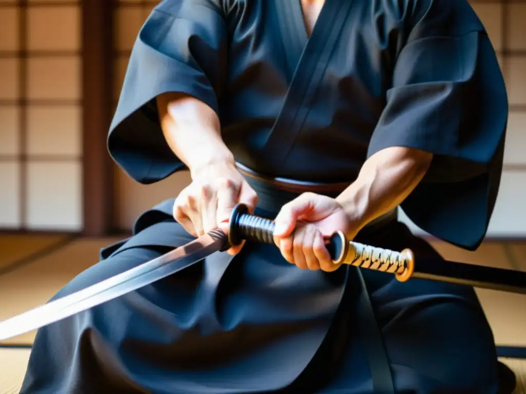 Un maestro de iaido en atuendo tradicional japonés realiza un movimiento preciso y elegante, mostrando meditación en movimiento disciplina mental