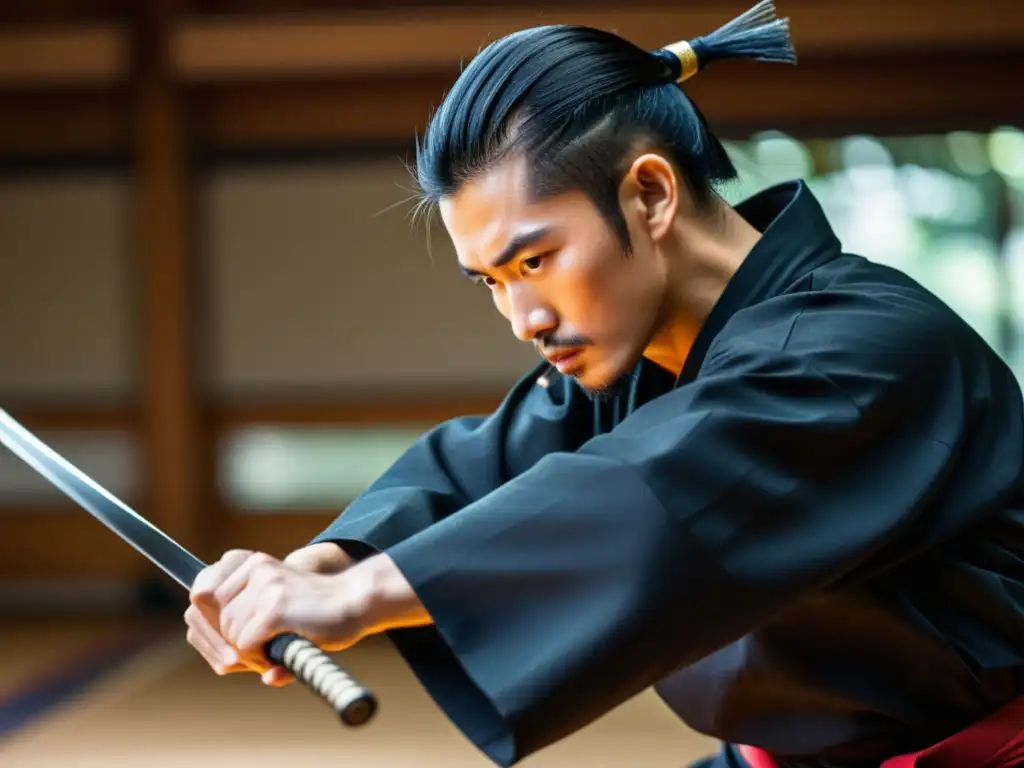 Un maestro de Iaido concentrado realiza un preciso corte de espada, mostrando la belleza de su atuendo tradicional y la intensa concentración