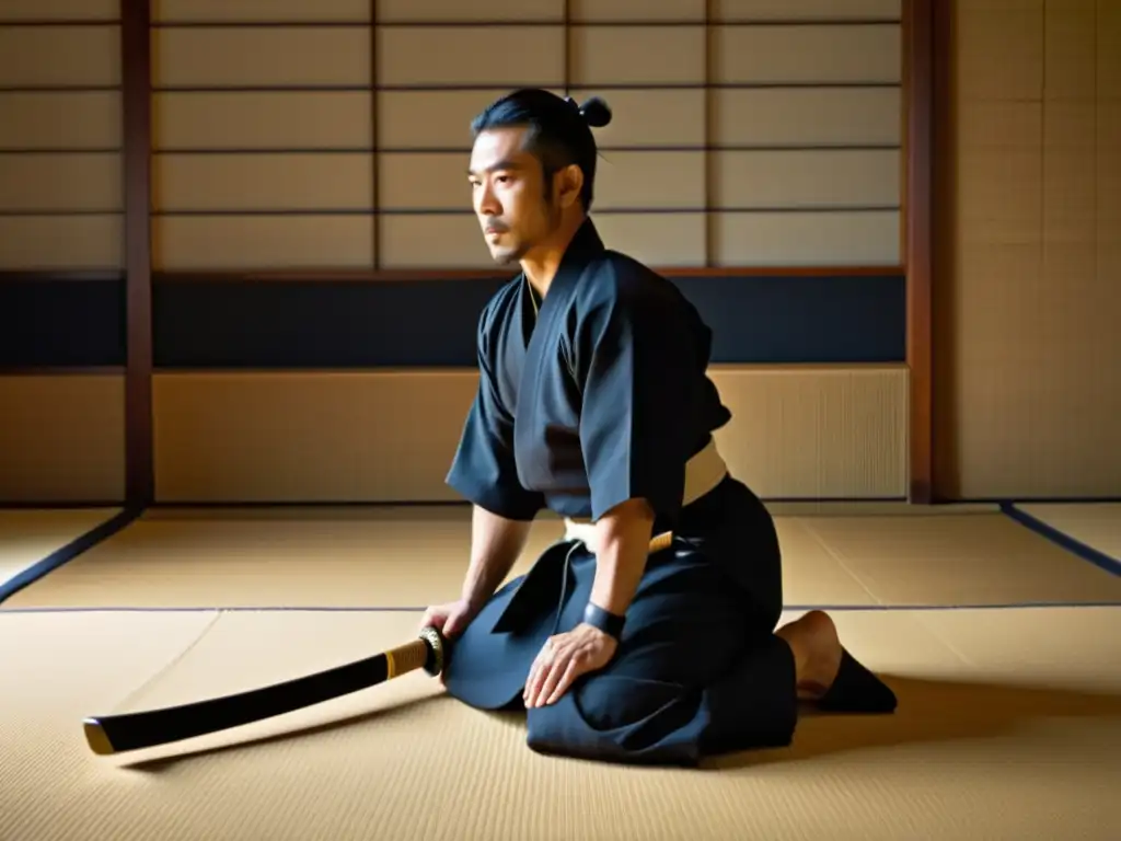 Un maestro de Iaido en un dojo, desenvainando su katana con gracia y concentración