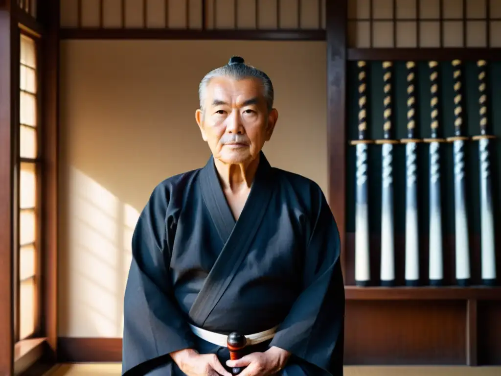 Maestro de iaido en dojo tradicional, reflejando sabiduría y concentración, rodeado de espadas de práctica y pergaminos de caligrafía