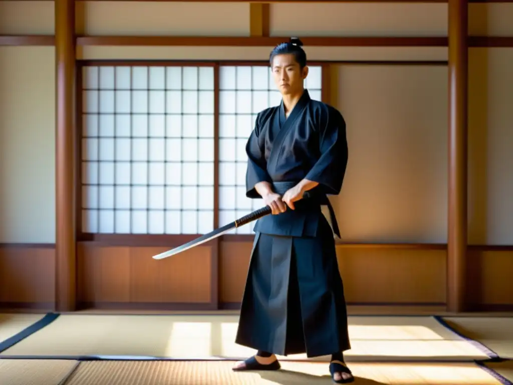 Un maestro de Iaido en un dojo tradicional, vistiendo un gi blanco impecable con hakama negro, sosteniendo un katana brillante con determinación