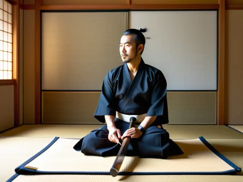 Un maestro de Iaido experimentado en seiza con gi y hakama blancos, ajustando su katana en un tatami iluminado por luz difusa