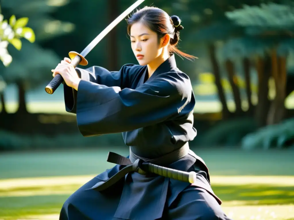 Un maestro de Iaido ejecuta con gracia y precisión un tajo con su espada en un jardín tranquilo, reflejando disciplina, enfoque y fuerza interior