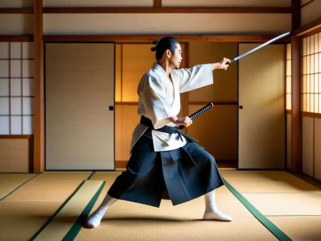 Un maestro de iaido en hakama blanca realiza un preciso y elegante corte de espada en un dojo japonés tradicional, exudando disciplina y concentración