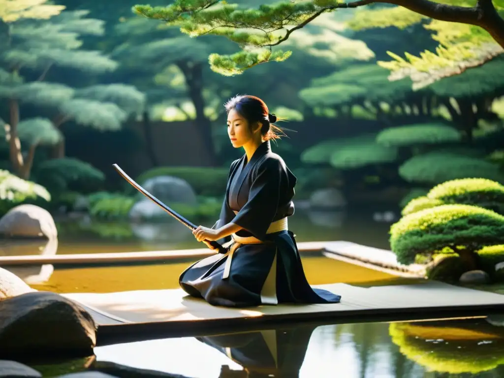 Un maestro practica Iaido con precisión en un jardín japonés sereno