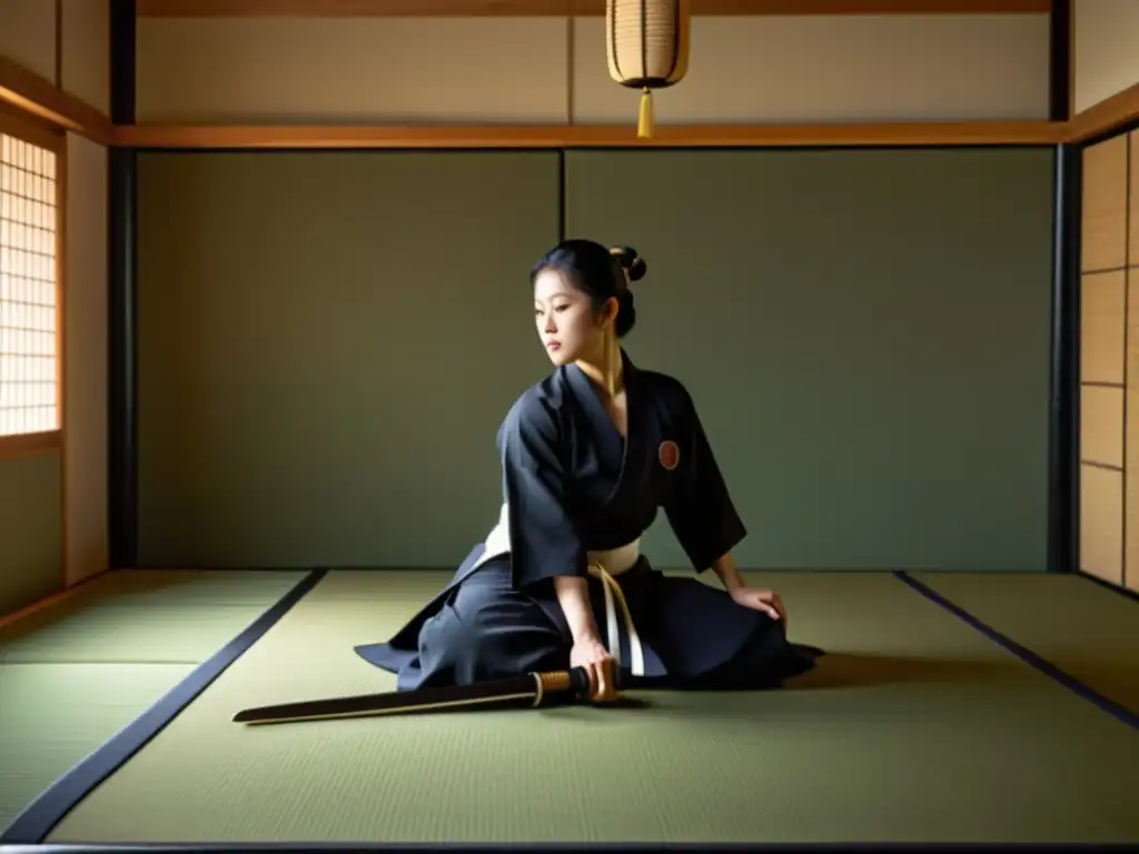 Un maestro de iaido practica una kata con un katana en un dojo sereno, con influencia zen en iaido