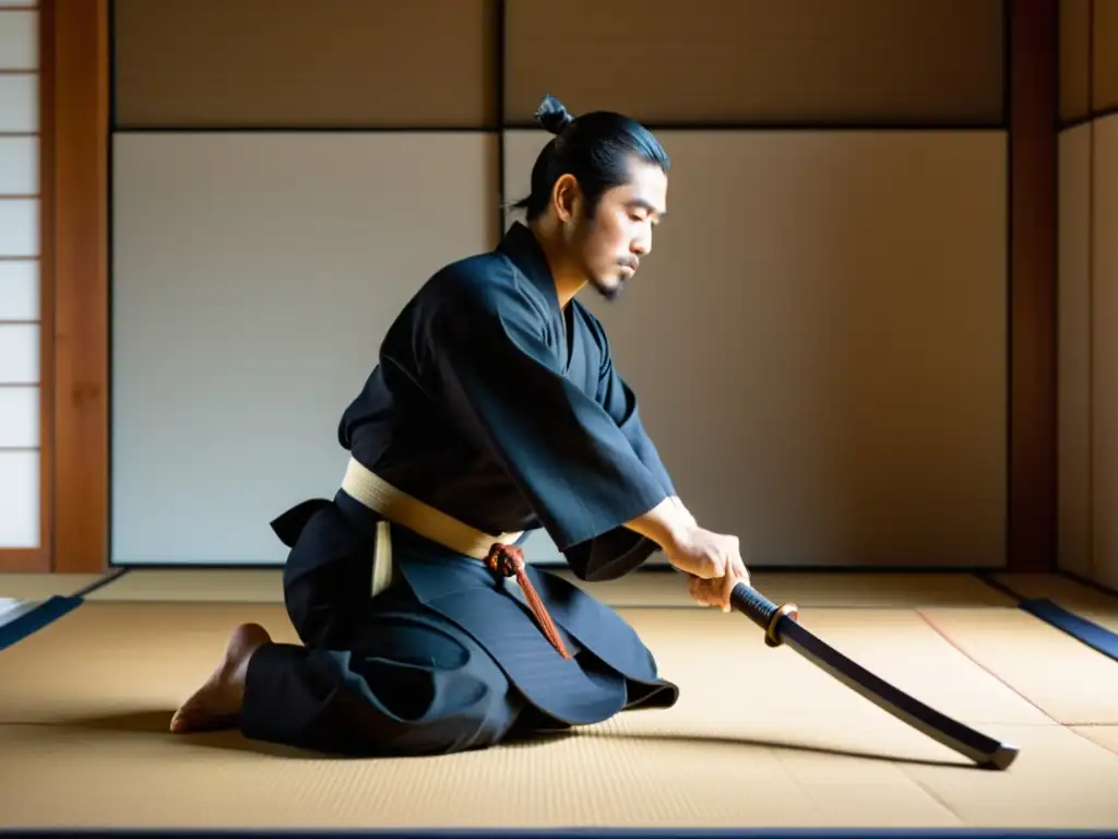 Un maestro de iaido desenfunda con precisión su katana en un dojo sereno