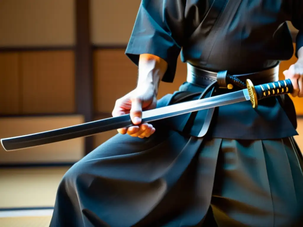 Un maestro de Iaido desenvaina lentamente una katana, mostrando la influencia Zen en Iaido con precisión y serenidad