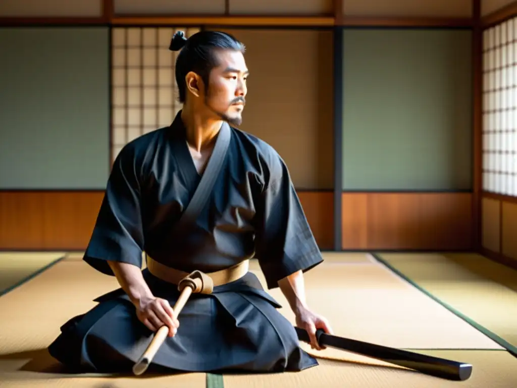 Un maestro de Iaido en seiza, con un katana reluciente, irradia calma y disciplina