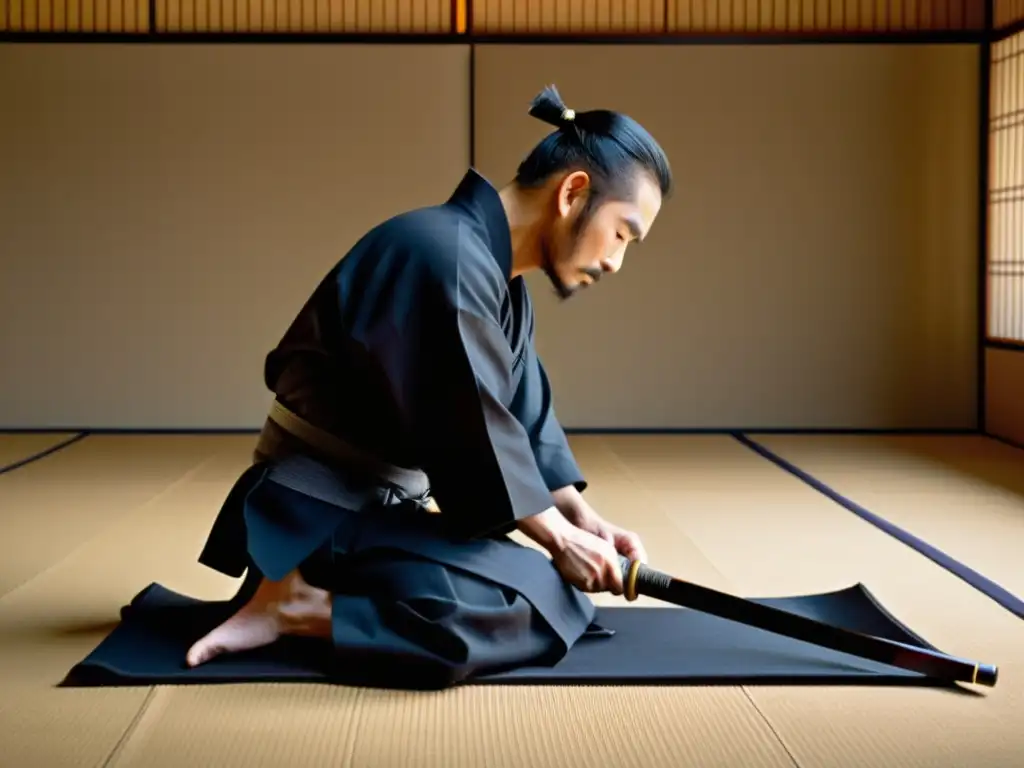 Un maestro de Iaido samurái en posición seiza con katana, rodeado de serenidad en un jardín japonés