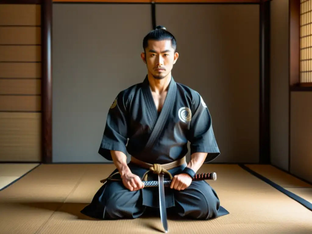 Un maestro de Iaido en kimono tradicional, con katana en mano, muestra preparación mental para Iaido en un dojo sereno