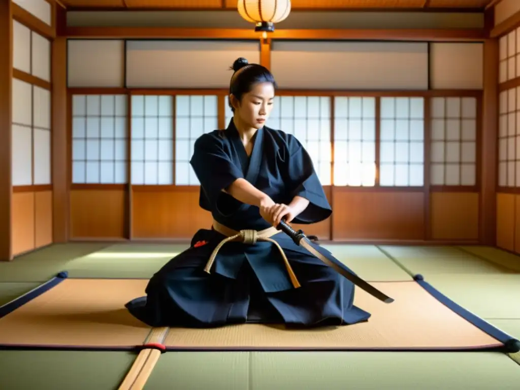 El maestro de Iaido muestra movimientos precisos en un dojo tradicional, rodeado de estudiantes concentrados