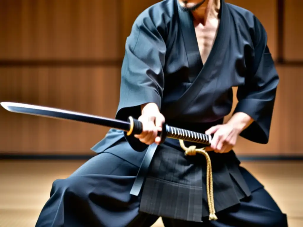 Un maestro de iaido ejecuta una perfecta técnica de desenfundado samurái, mostrando concentración y disciplina en un hermoso jardín japonés