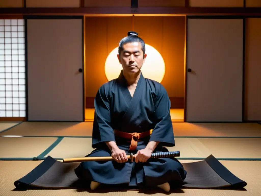 Un maestro de Iaido medita en posición seiza en un dojo japonés, reflejando la influencia zen en Iaido