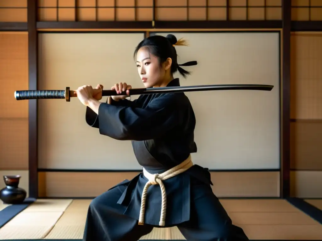 Un maestro de Iaido demostrando una postura defensiva con una katana japonesa en un dojo tradicional, exudando disciplina y expertise