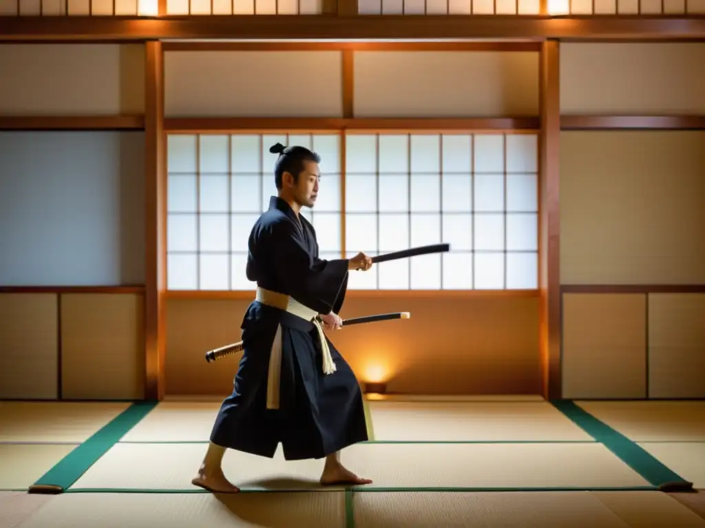 Un maestro de iaido realiza una precisa y elegante kata con katana en un sereno dojo japonés, exudando una estética tradicional y meditativa