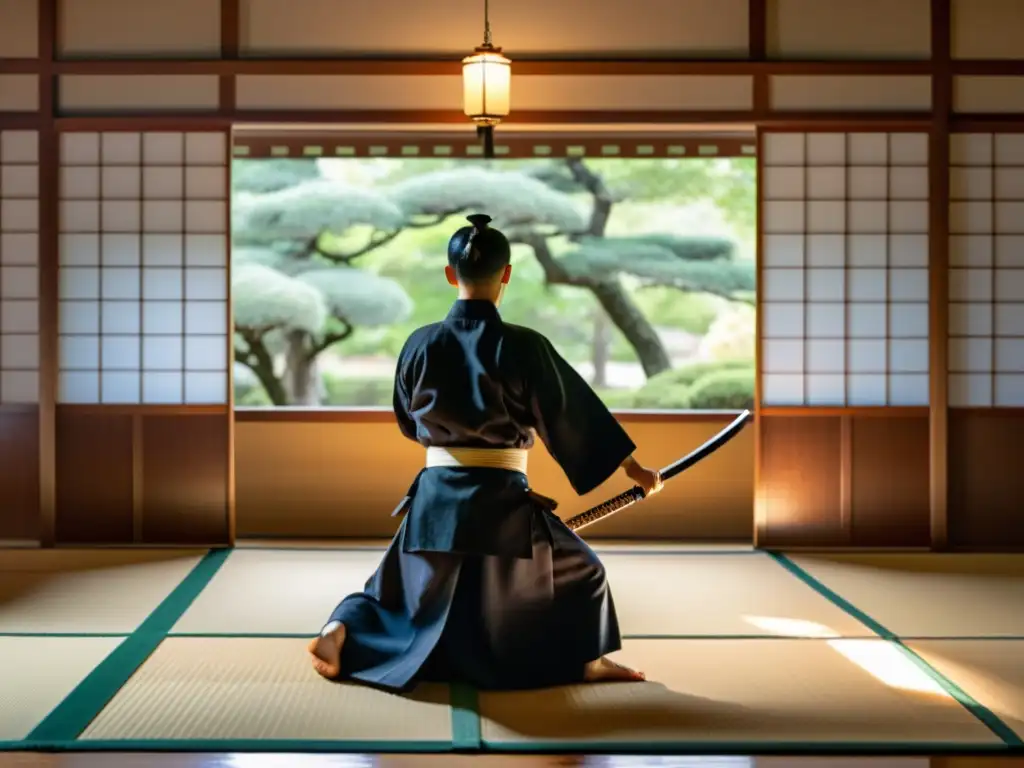 Un maestro de iaido ejecuta una precisa kata en un dojo japonés tradicional, evocando la estética y ceremonias tradicionales del iaido