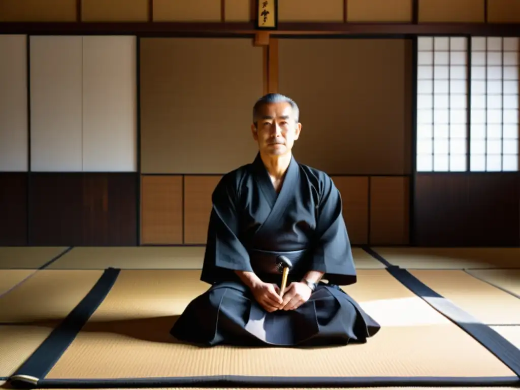 Un maestro de Iaido samurái en seiza, vistiendo un hakama blanco y keikogi negro, con una katana reluciente en su regazo